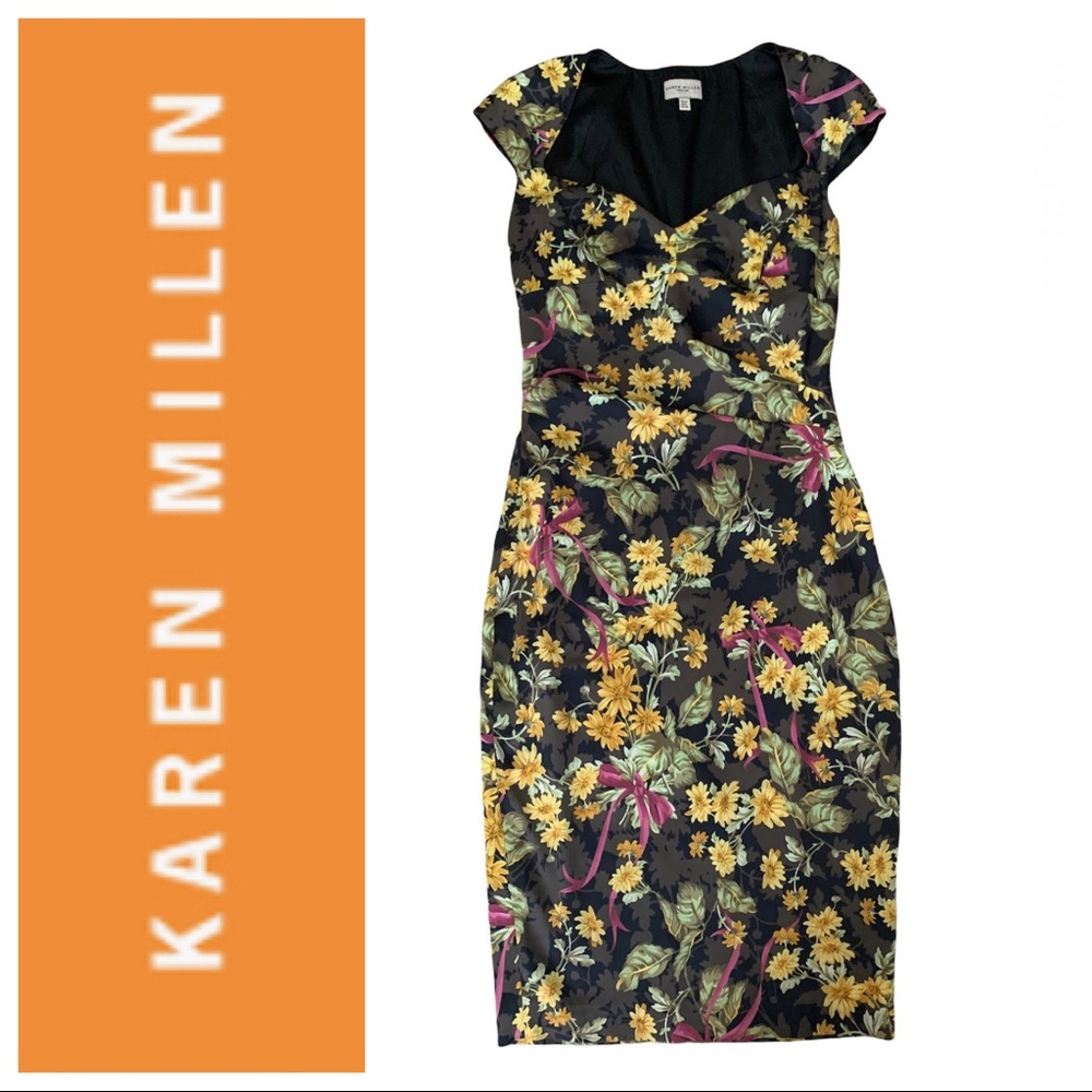 Karen Millen England Sexy Cap Sleeve Fitted Multicolor Floral Pencil Skirt Dress